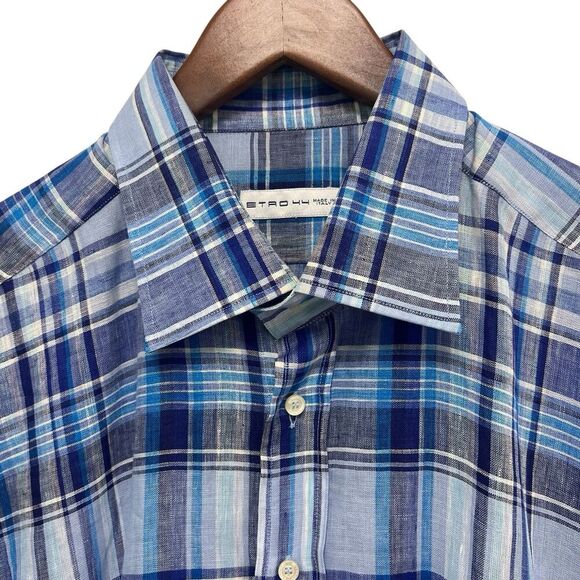 ETRO Button Down Dress Shirt  Vibrant Blue Plaid Check 100% Linen Men’s Size XL - Picture 6 of 9
